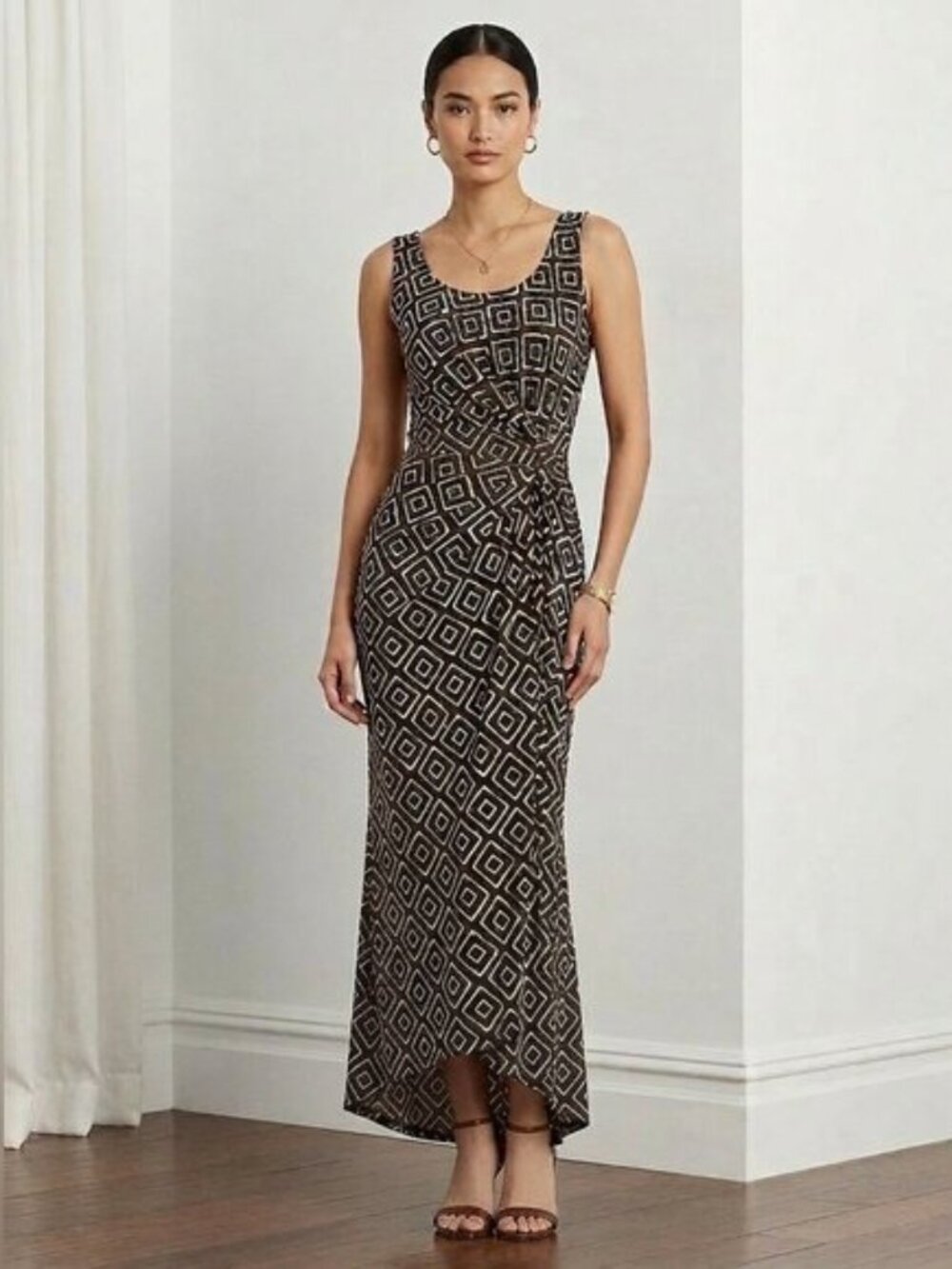 NWT Vintage Y2K Ralph Lauren LRL Geometric High-Low Maxi Dress Brown Ivory XS 2